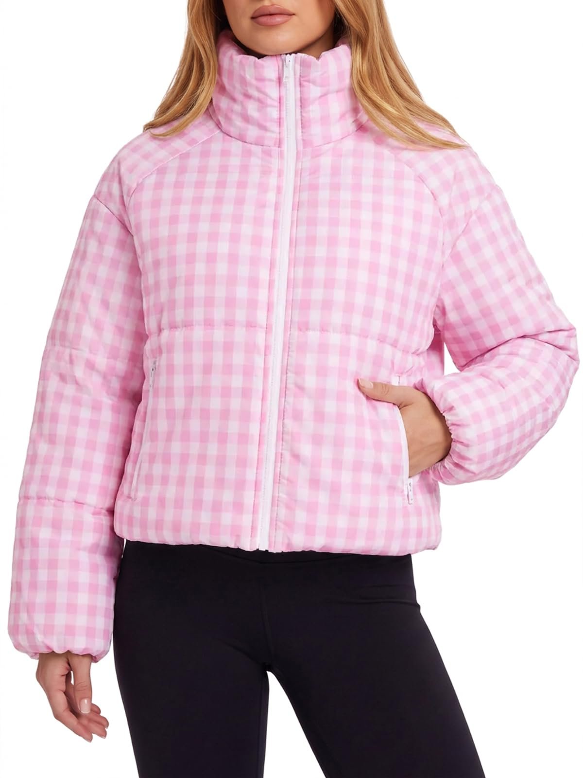 Cropped puffer, long sunset — Aoysky Womens Plaid Quilted Jackets Zip Up Cropped Warm Puffer Jacket Coats