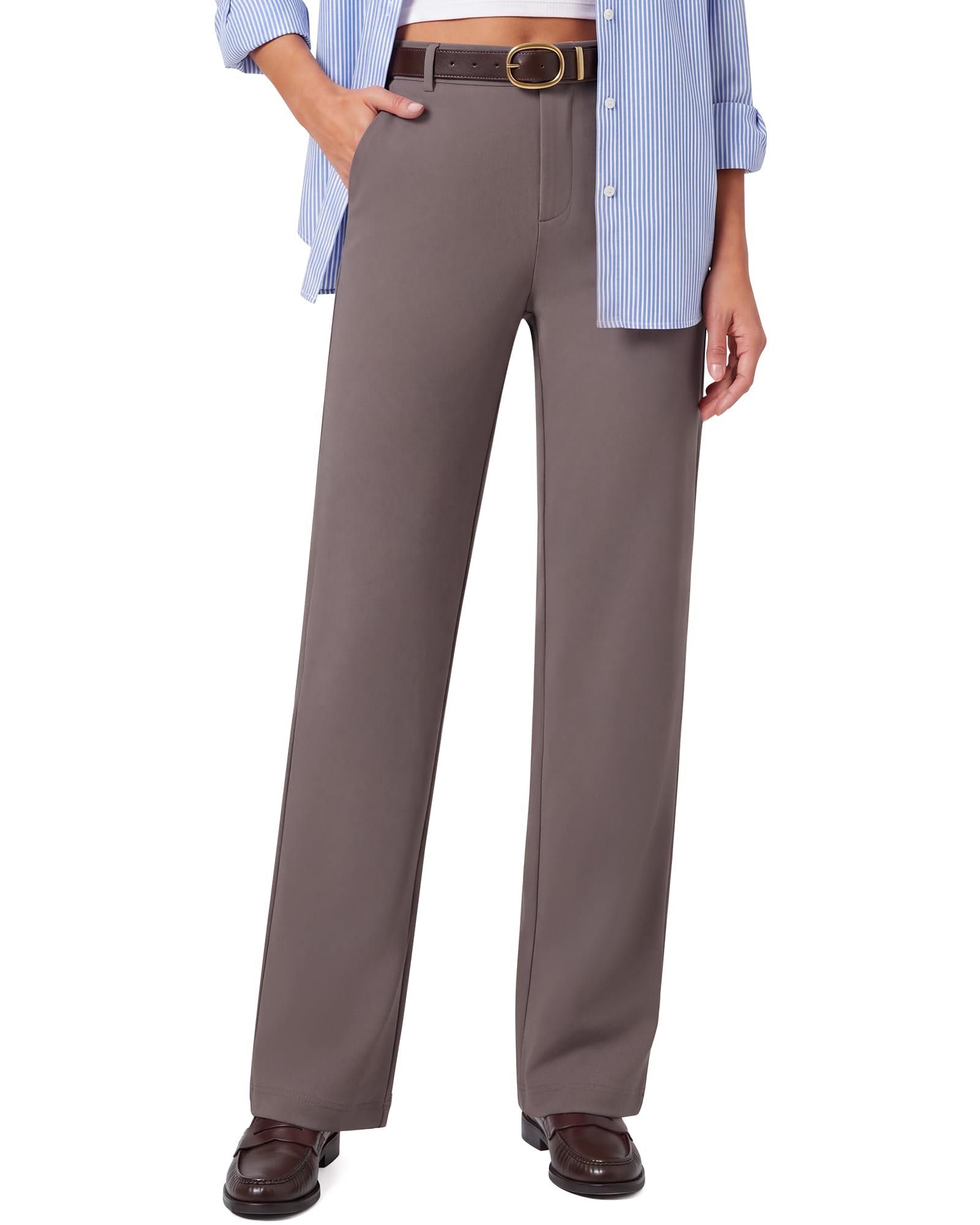 High waisted taupe pants with a straight fall — G4Free EverGoing Women's Yoga Trouser Pants Straight Leg with Pocket