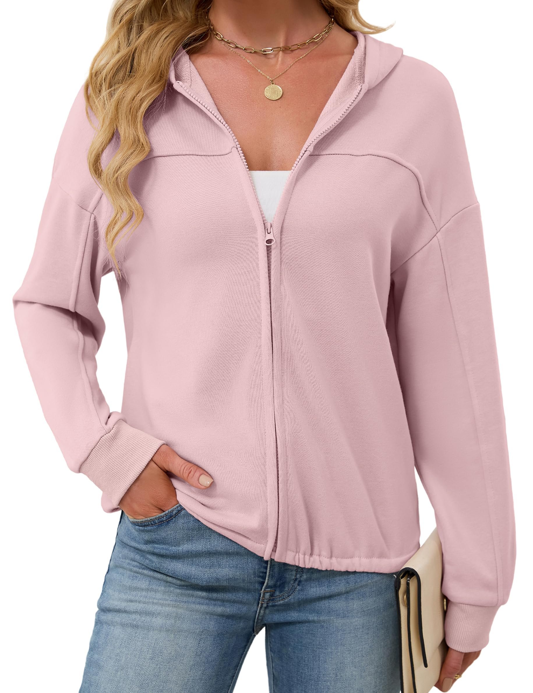 Light pink hoodie with the zip pulled up to a V — Quenteen Zip Up Hoodie for Women Fall Lightweight Hooded Sweatshirt
