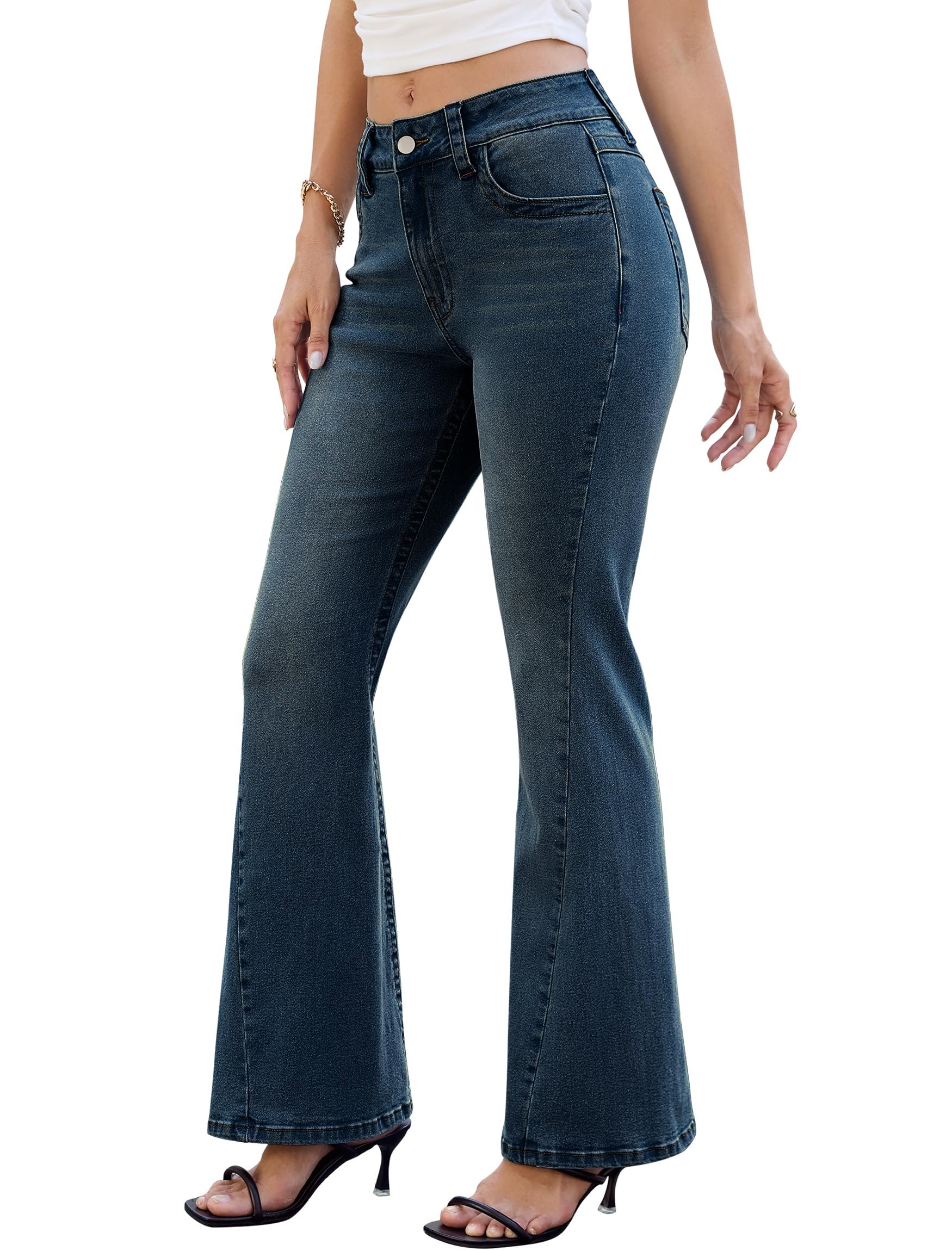Brown corduroy collar on the gingham shacket — Eddoyee Women's Flare Jeans Mid Rise Distressed Bootcut Jeans