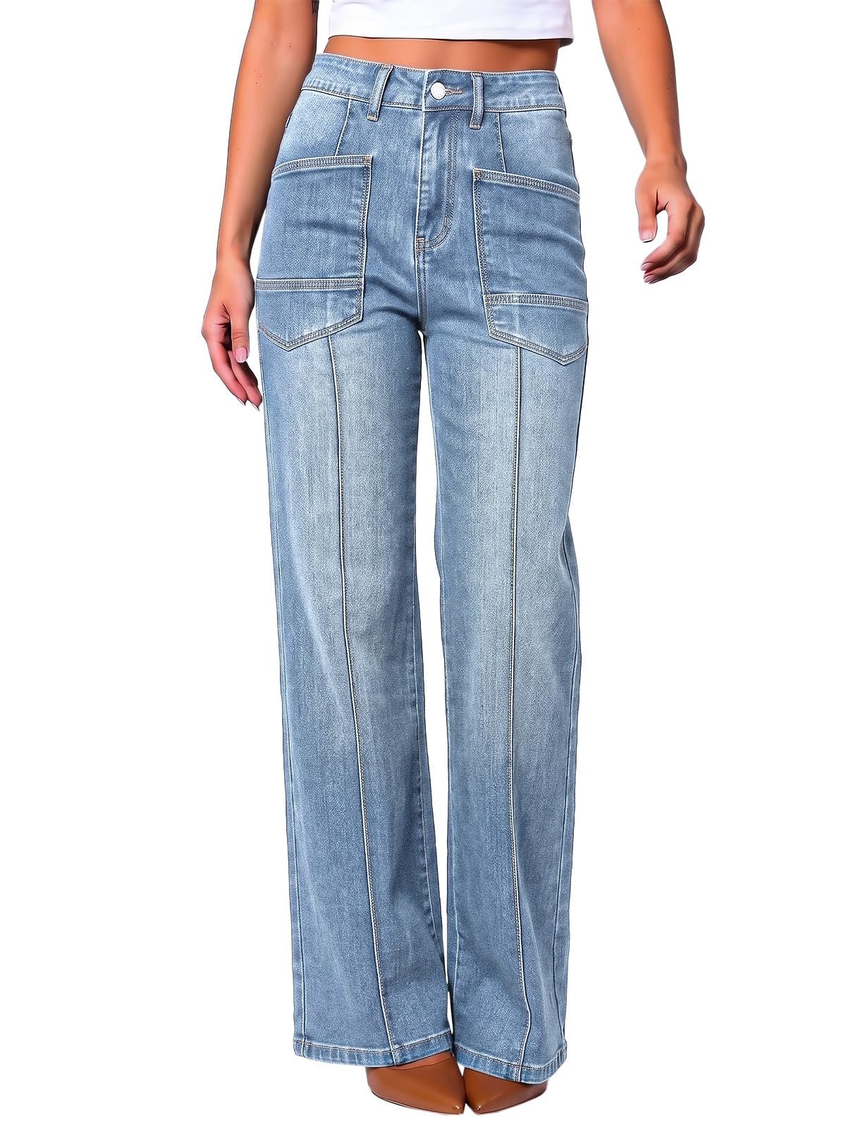 Center seam running down the light wash wide leg — Flowyair Womens High Waisted Wide Leg Stretchy Jeans Front Seam Denim Pants