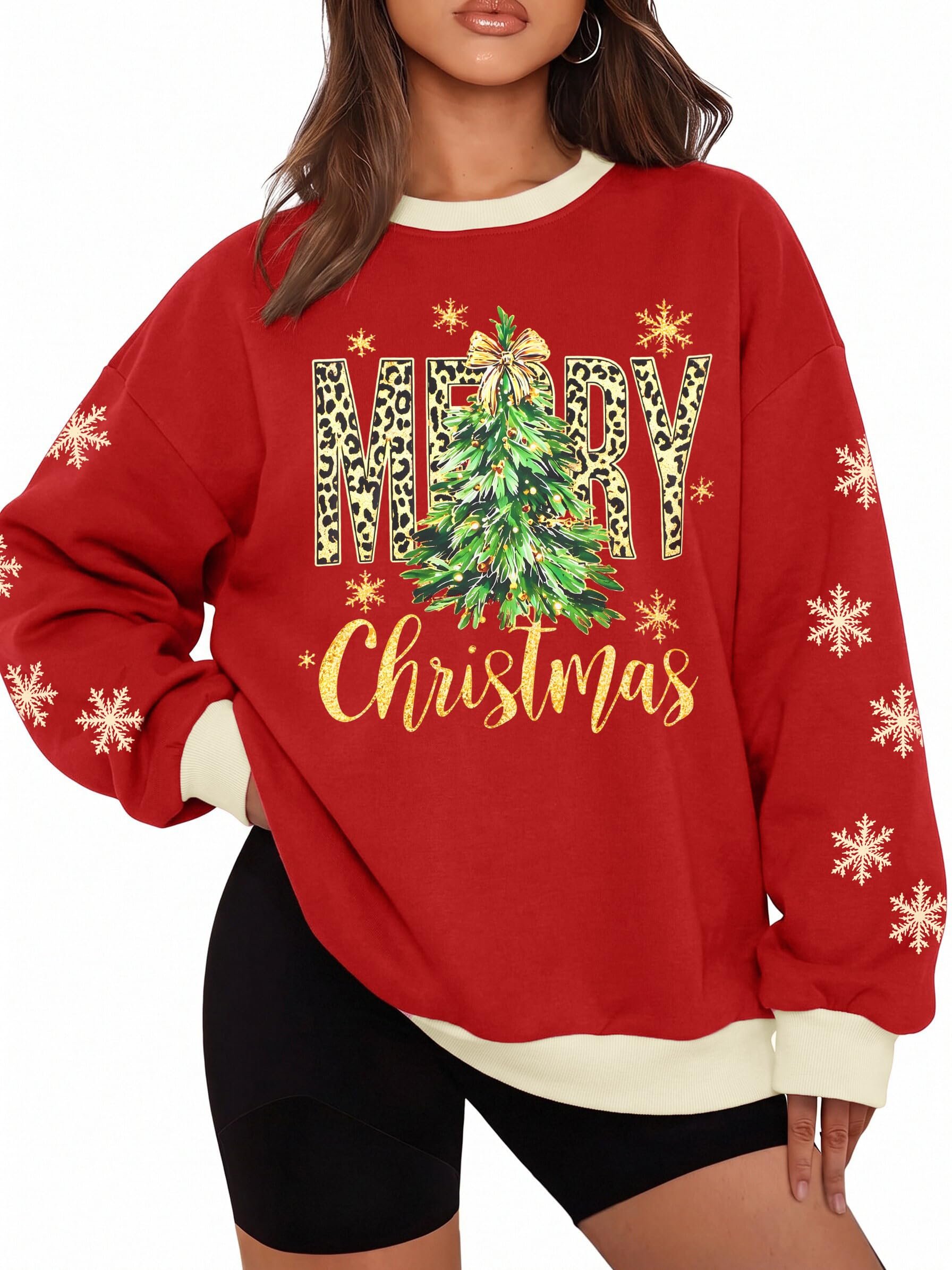 Gold bow tied at the top of the green tree graphic — Lukycild Christmas Sweatshirts Women Merry Christmas Shirt Oversized Xmas Pullover