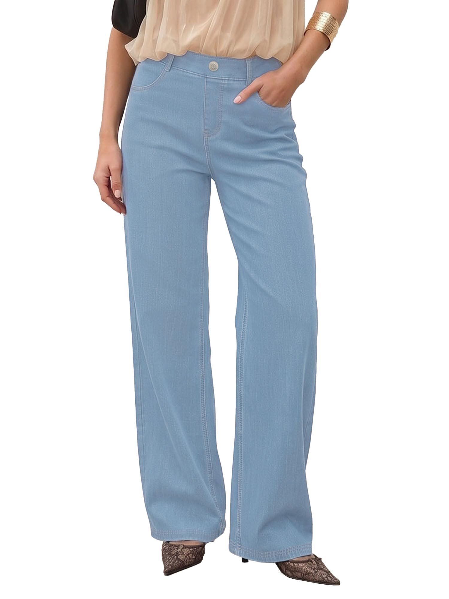 Pale blue wide jeans paired with black pointed toes — Mxrag Women's 4-Way Stretchy Jeans Wide Leg Pull On Denim Sweatpants with Pockets