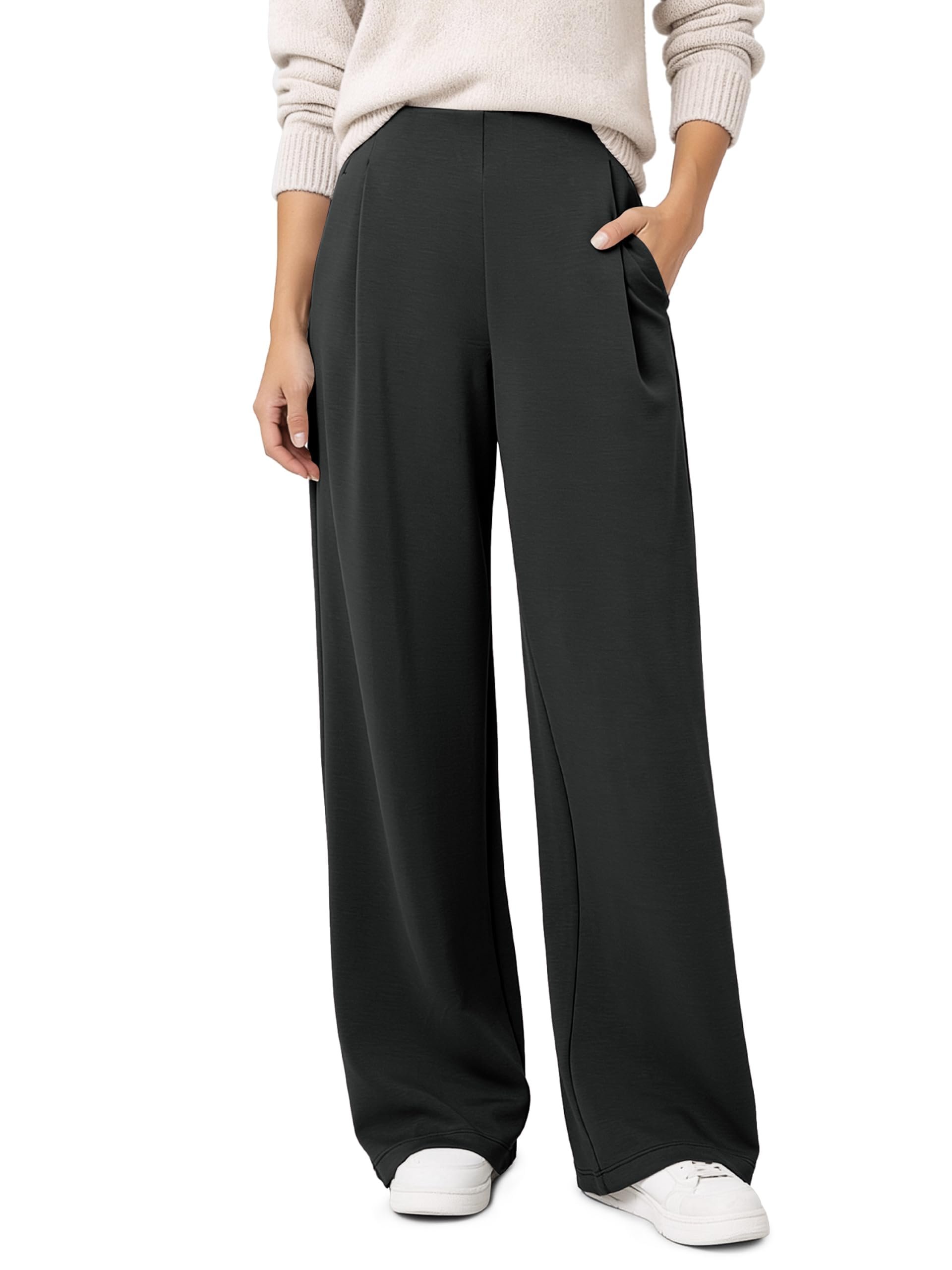 Dropped shoulder crewneck with ribbed cuffs — Ododos Women's Modal Soft High Rise Wide Leg Trousers with Pleats & Pockets