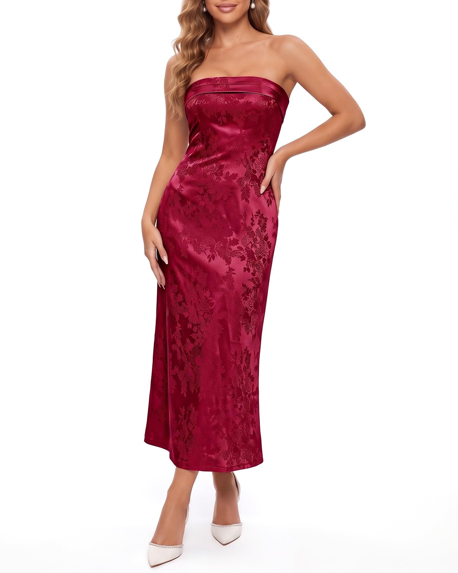 Burgundy jacquard flowers woven into the satin — Triworks Women Satin Strapless Backless Maxi Dress for Wedding Guest