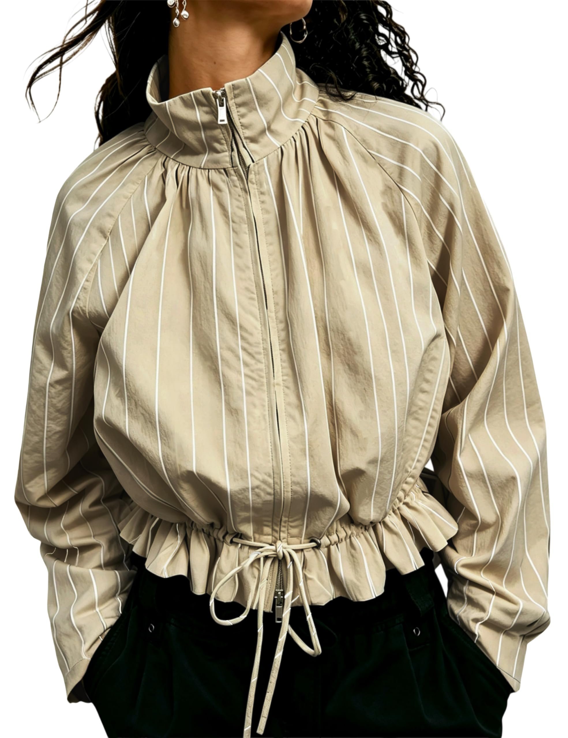 Tie-front ruffle hem cinching the cropped jacket — Vateami Women Striped Bomber Jacket Casual Funnel Neck Coat