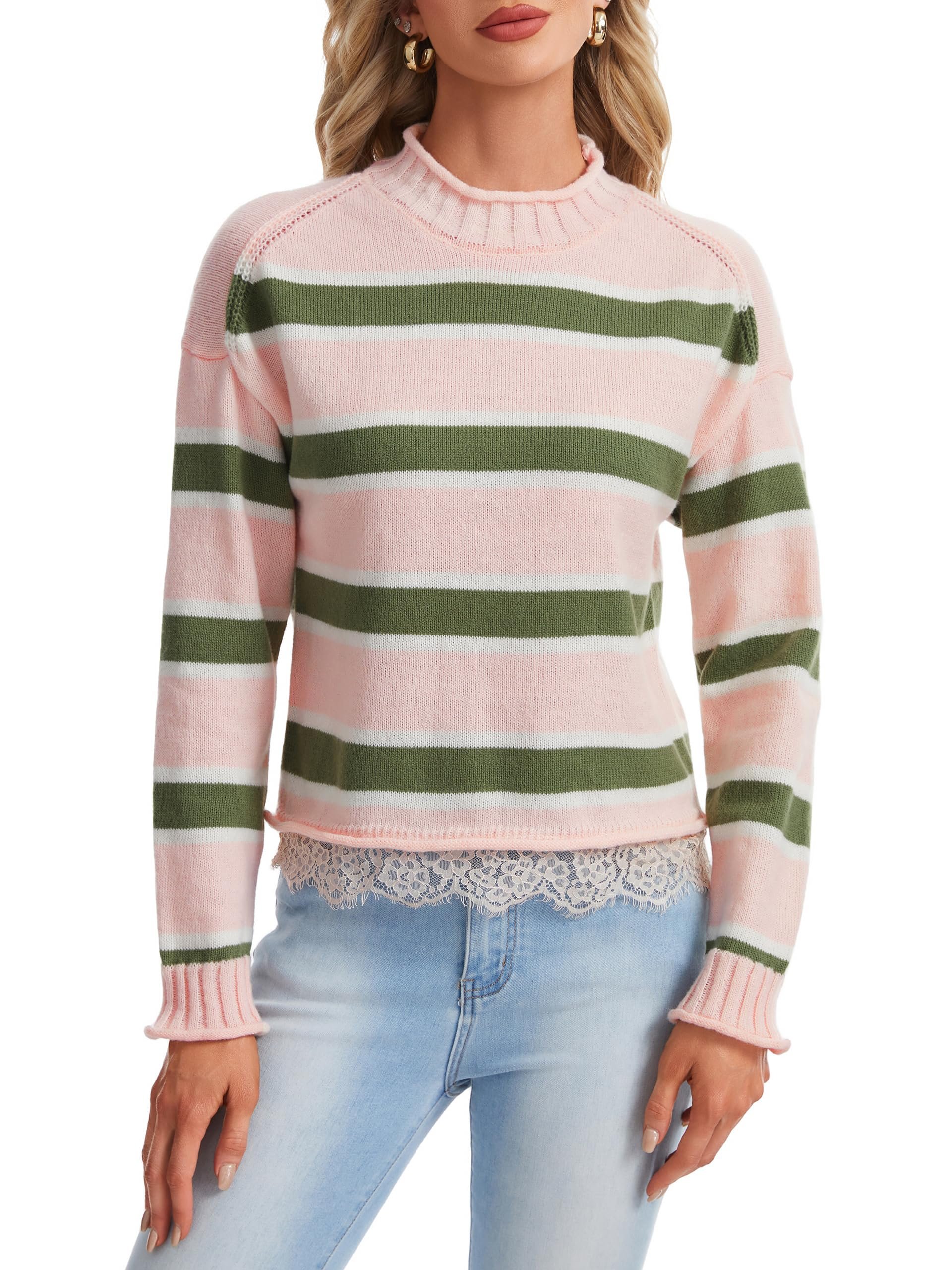 High waist olive leggings hugging the ankle — B2Ever Long Sleeve Cropped Striped Knit Sweater Pullovers for Women 2026