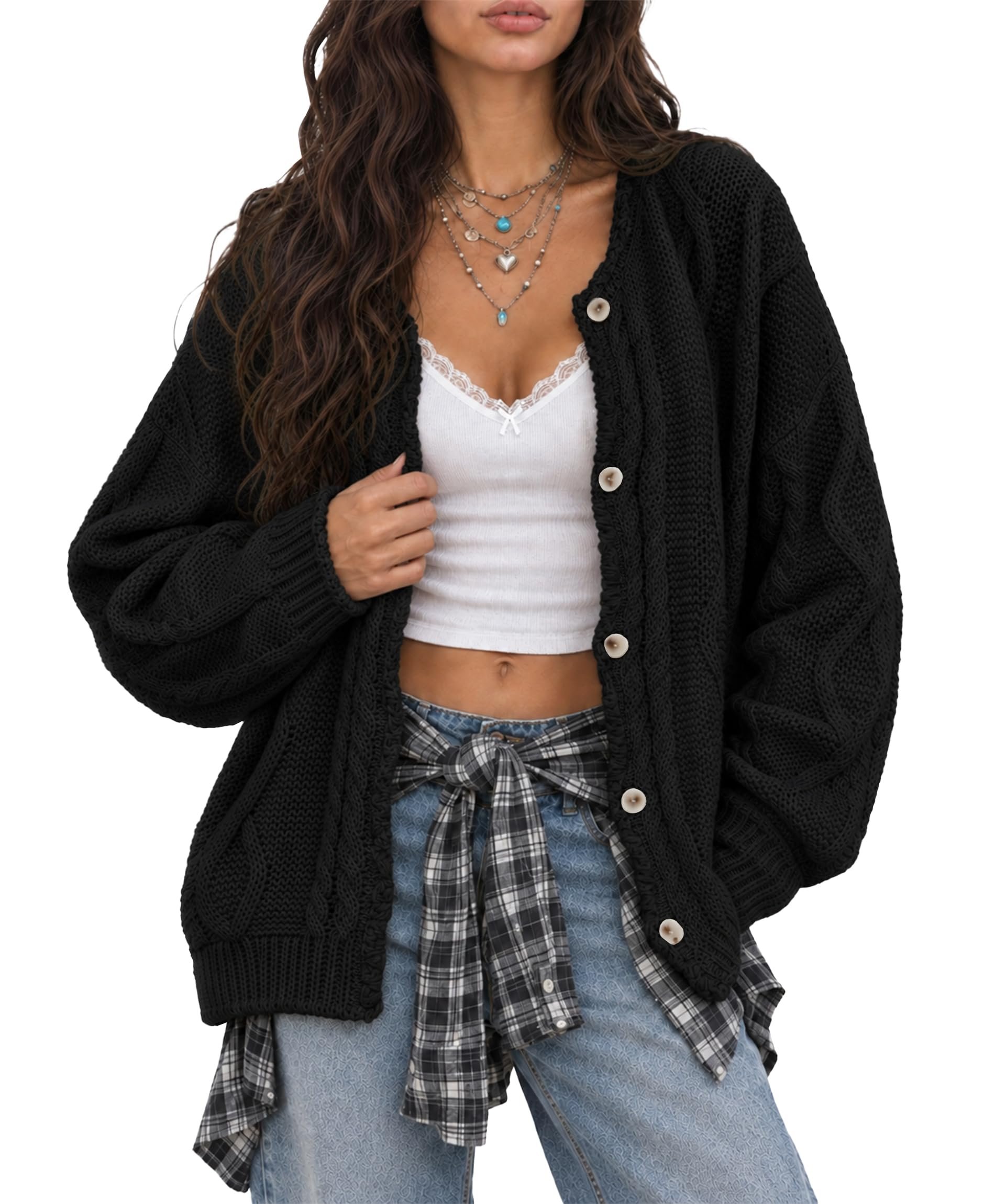Five cream buttons down the chunky black cardigan — AceNest Chunky Cardigan Sweaters Oversized Long Sweaters Fall Button Up
