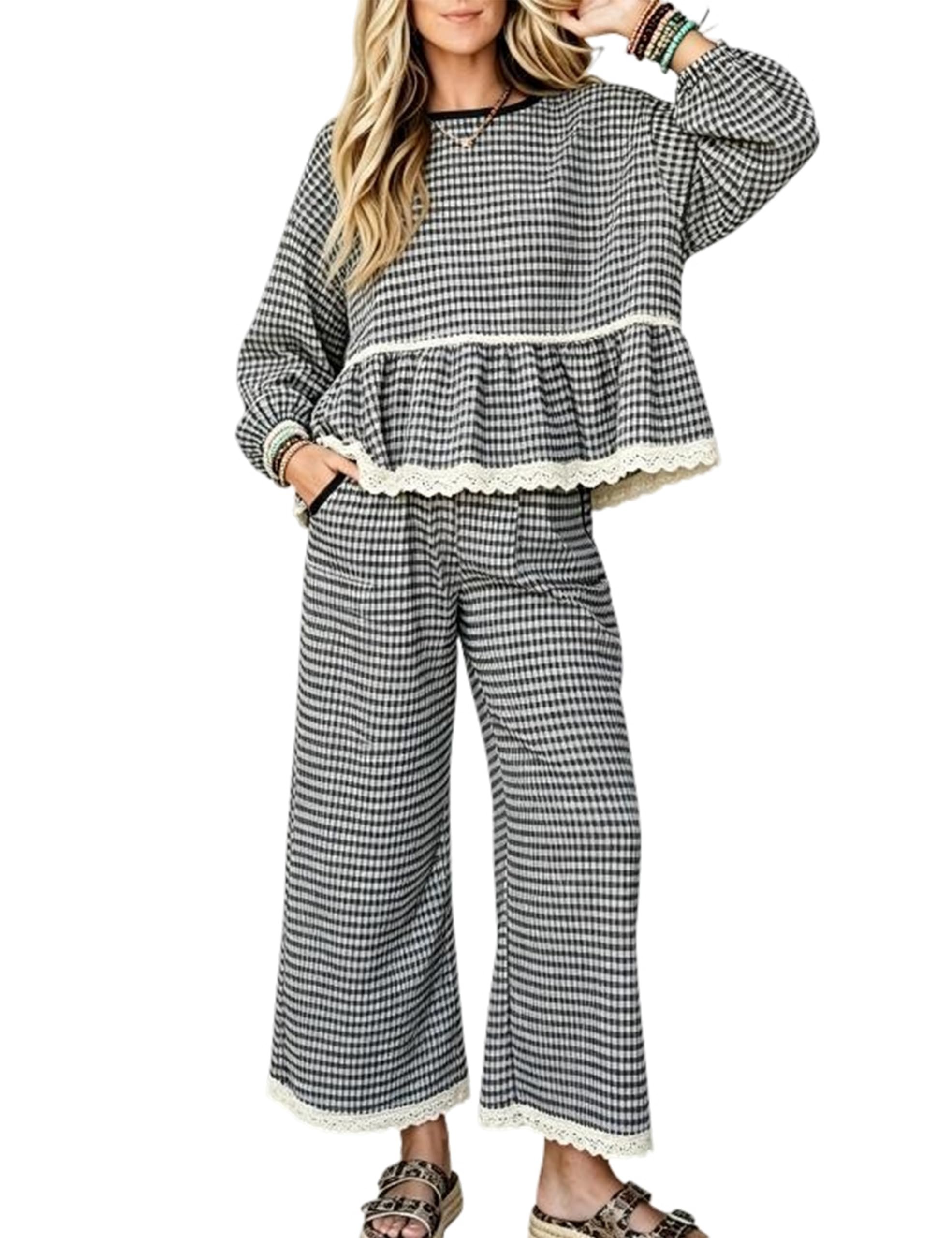 Pants is carrying this outfit — Yeokou Women's 2 Piece Gingham Outfit Lace Lounge Pants Sets