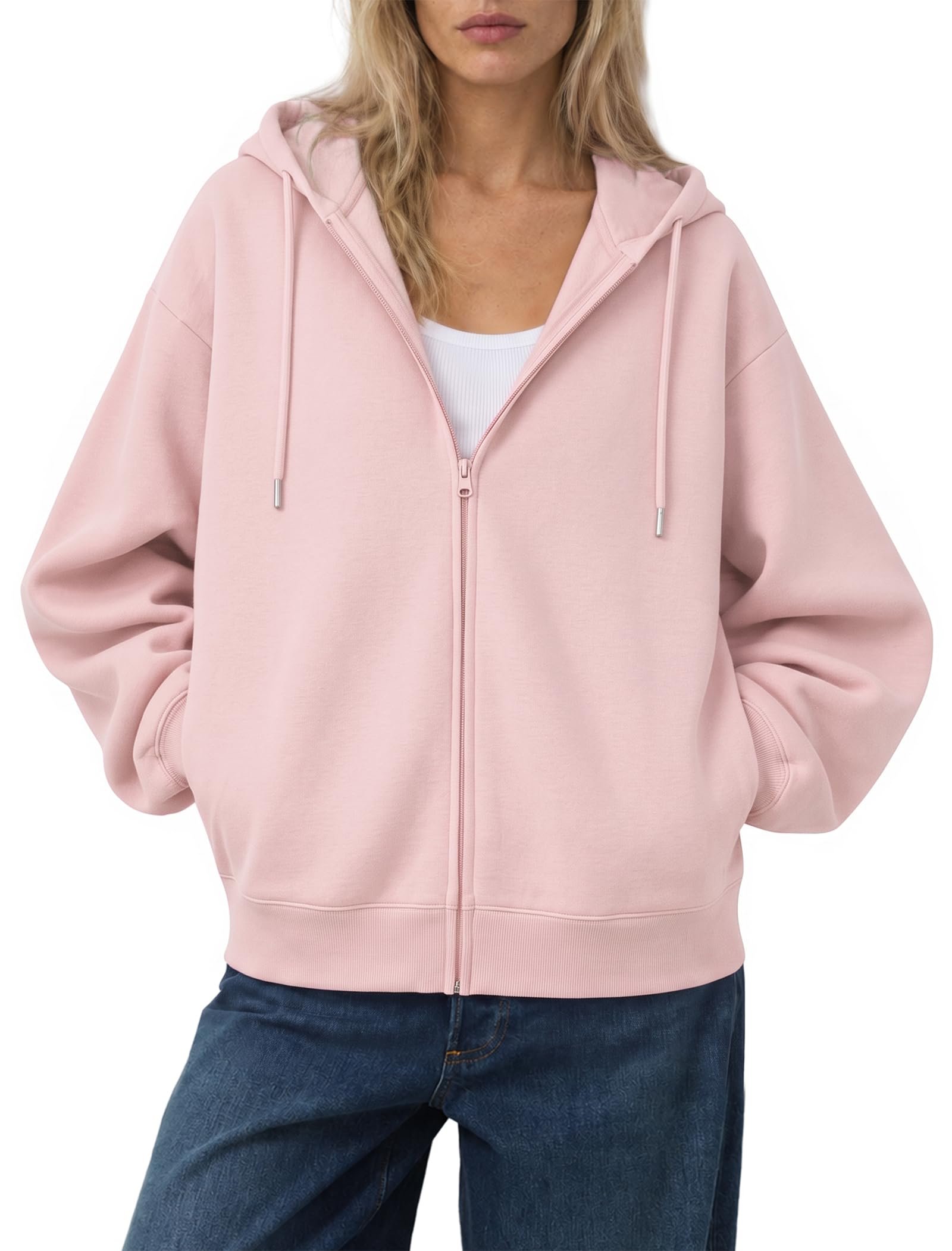 V-neck finished with black zigzag edging — Glivra Womens Full Zip Up Hoodie Sweatshirt Jacket with Pockets for Everyday Wear
