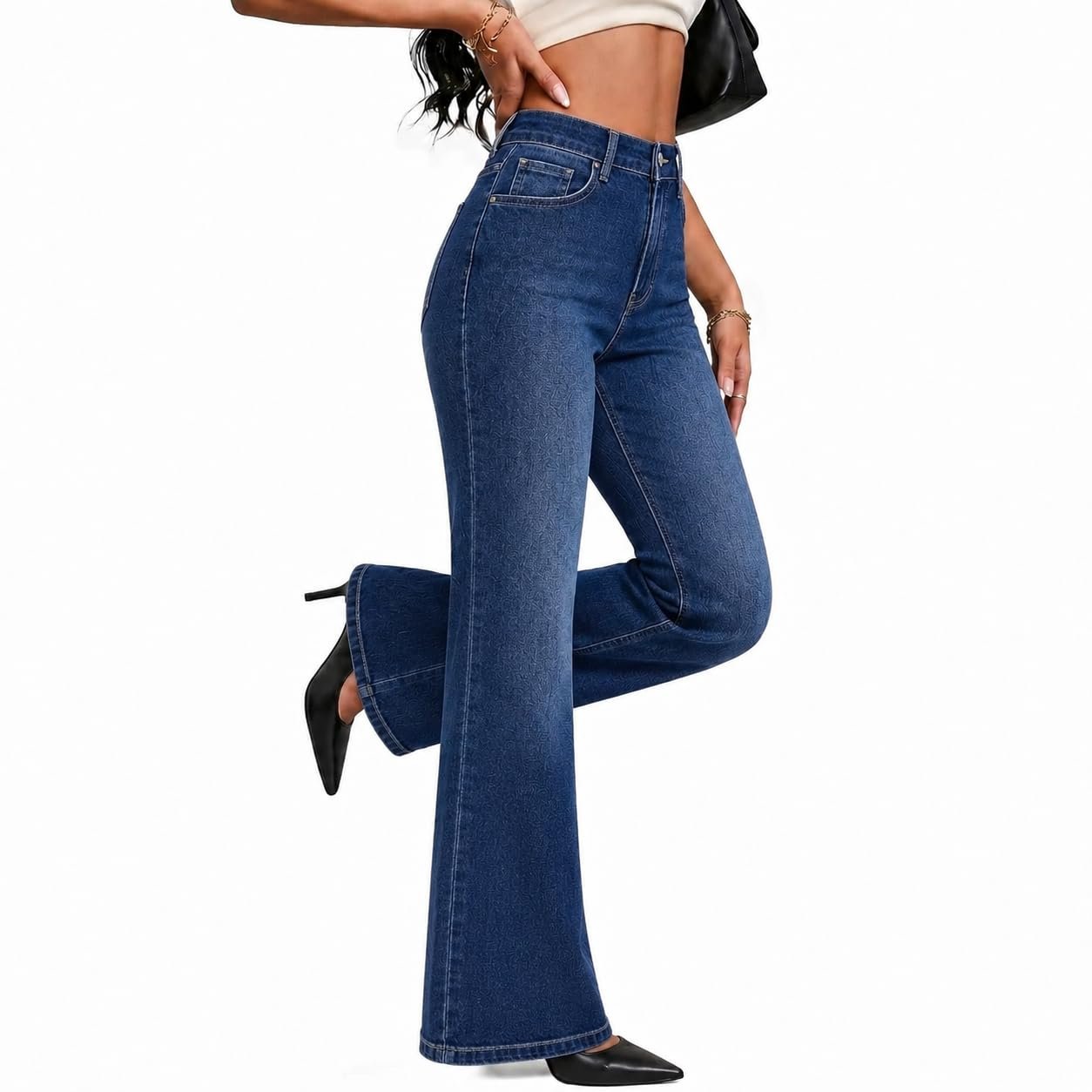 Balloon sleeves gathering at ribbed cuffs — Tenfinordi Women's High Waisted Flare Jeans Long Inseam Stretchy Bootcut Denim Pants