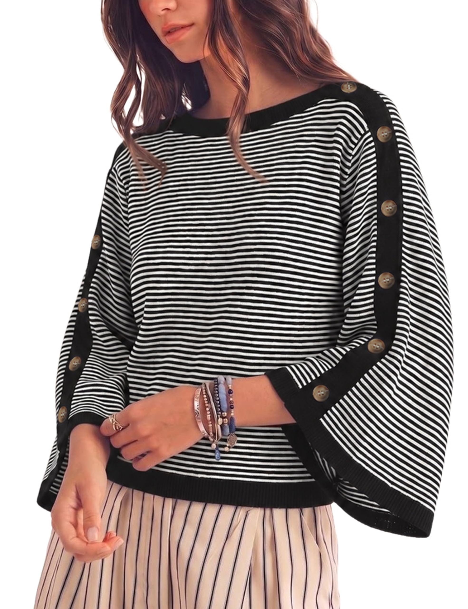 Wind advisory: Top may steal the scene — Yeokou Women's Striped Batwing Sweater 3/4 Sleeve Loose Knit Pullover