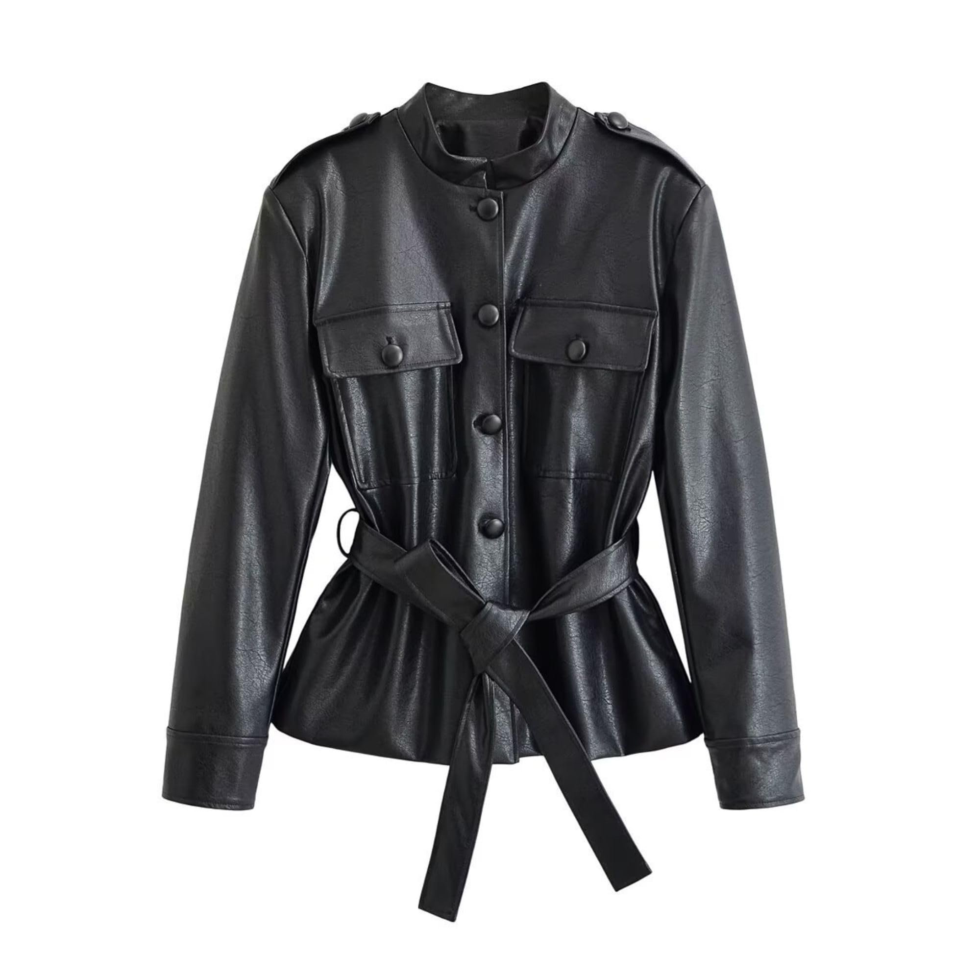 No notes, just Jacket — FindThy Women’s Belted Faux Leather Jacket Long Sleeve Button Up PU Coat