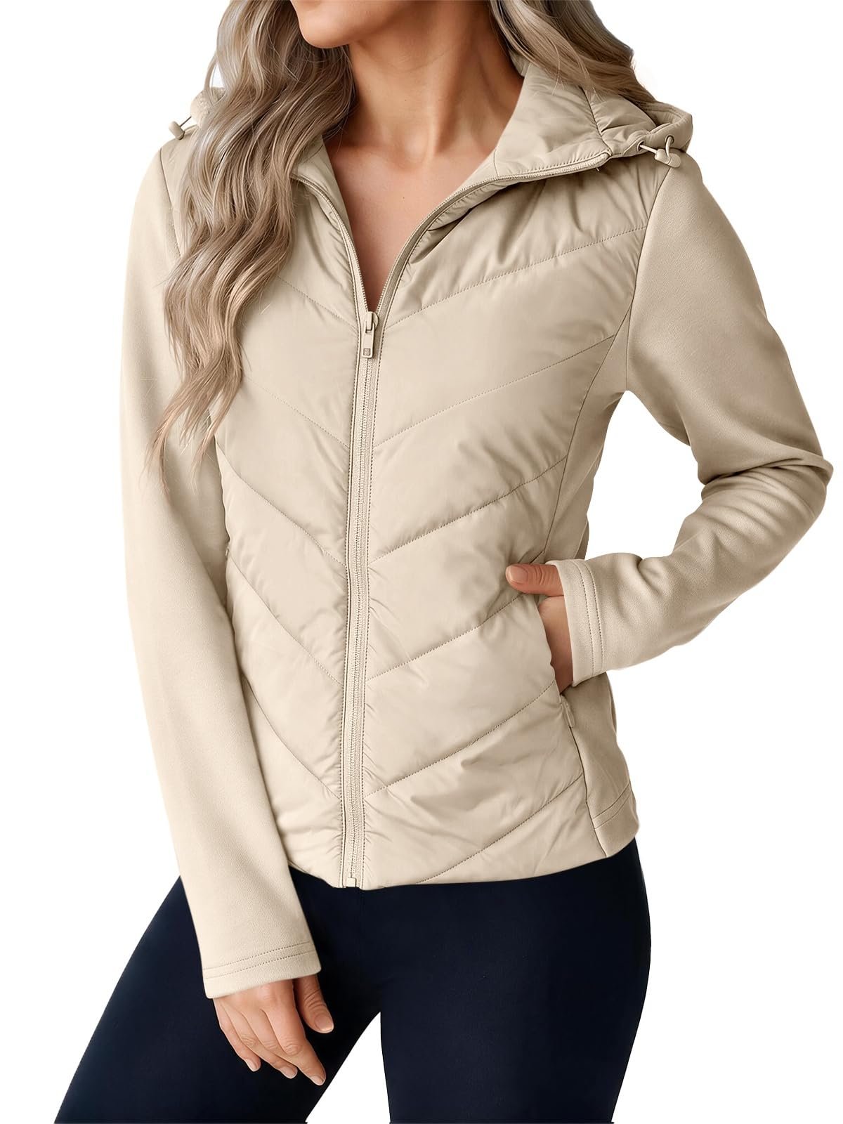 Red stripes after dark — Tankaneo Womens Quilted Puffer Jacket Hooded Patchwork Fall Winter Coat