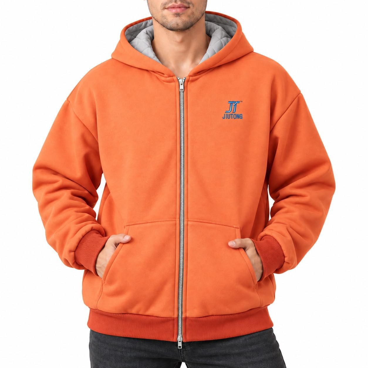 Orange hoodie zipped in the music nook — Jt Jiutong Weighted Zip-Up Hoodie for Men and Women, Glass Beads, Relaxed Fit
