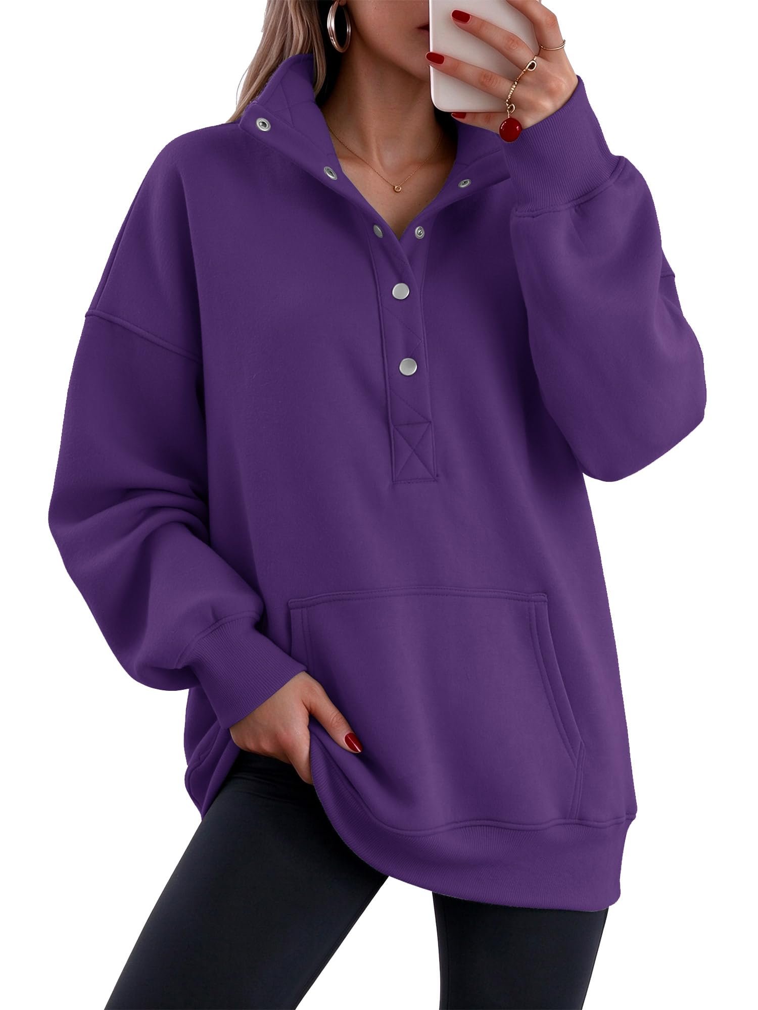 Dark gray leggings with side pockets catching the seam — Magritta Oversized Sweatshirt for Women Mock Henley Neck Fleece Pullover