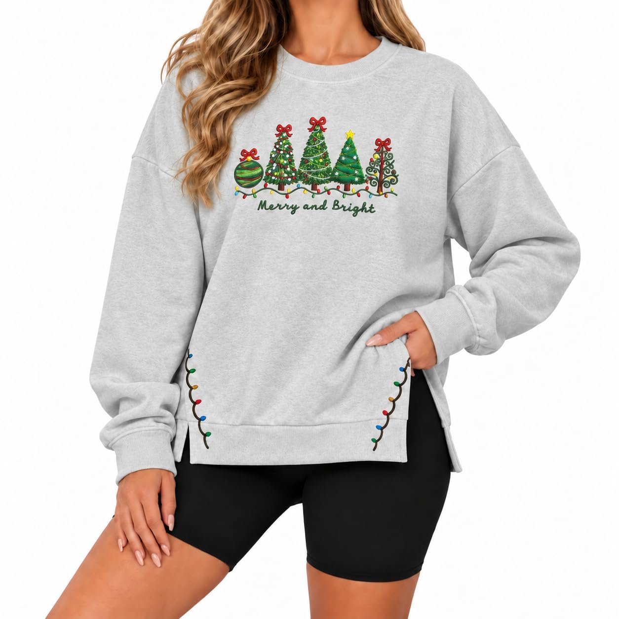 Merry and Bright trees lined across the gray crewneck — Vilove Merry Christmas Sweatshirts Women Merry And Bright Christmas Pullover Top