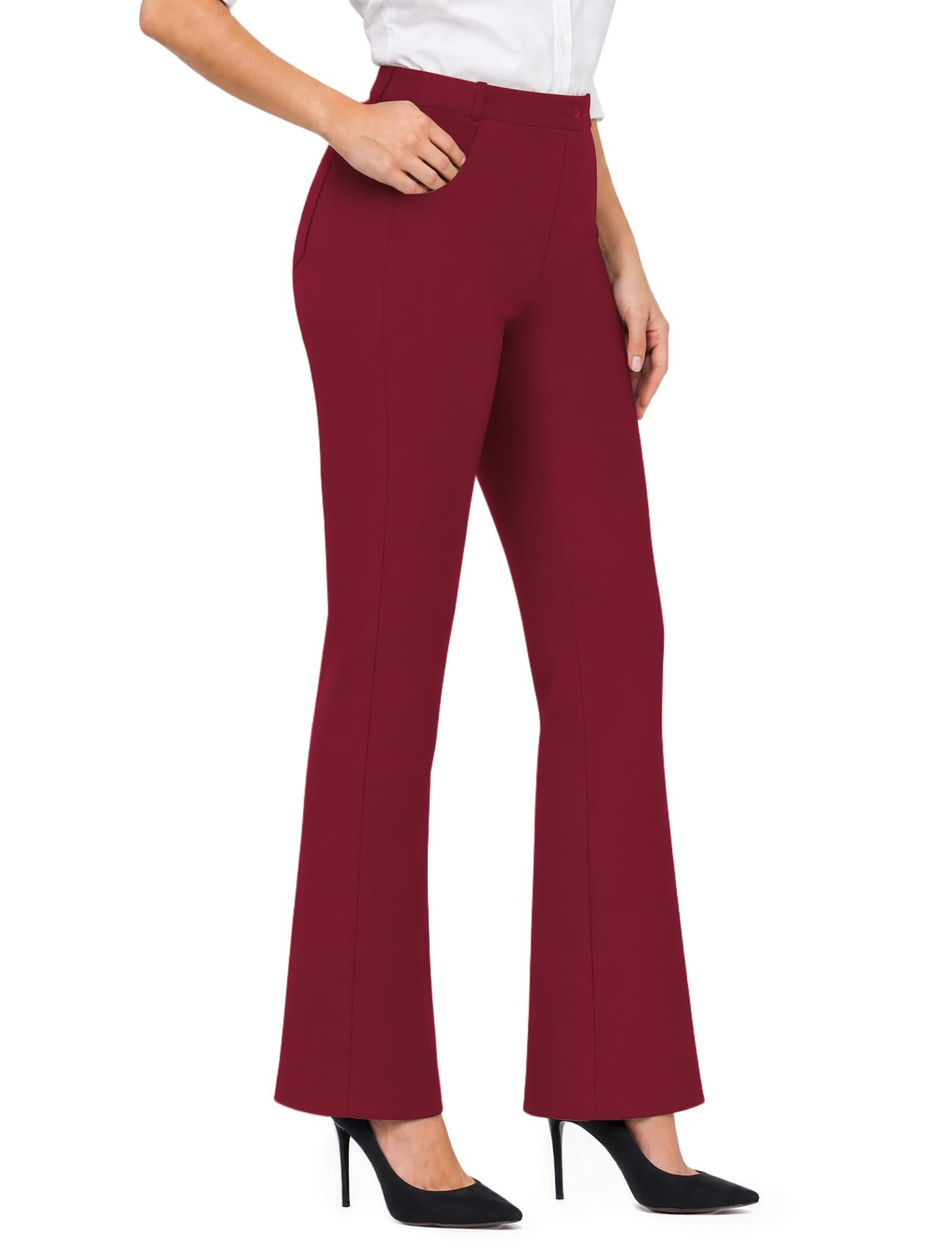 Light chambray with brown buttons down the front — Viehunt Women's High Waist Stretchy Flare Dress Pants Work Slacks with Pockets