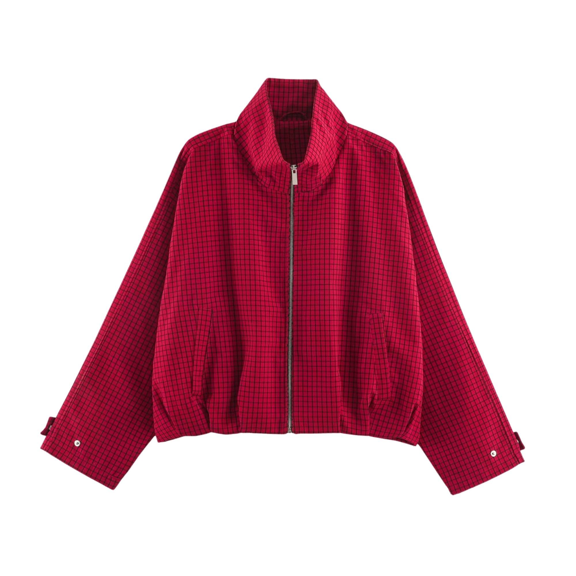 Building today's look from Jacket outward — Xunger Women’s Plaid Bomber Jacket High Collar Long Sleeve Full Zip Coat
