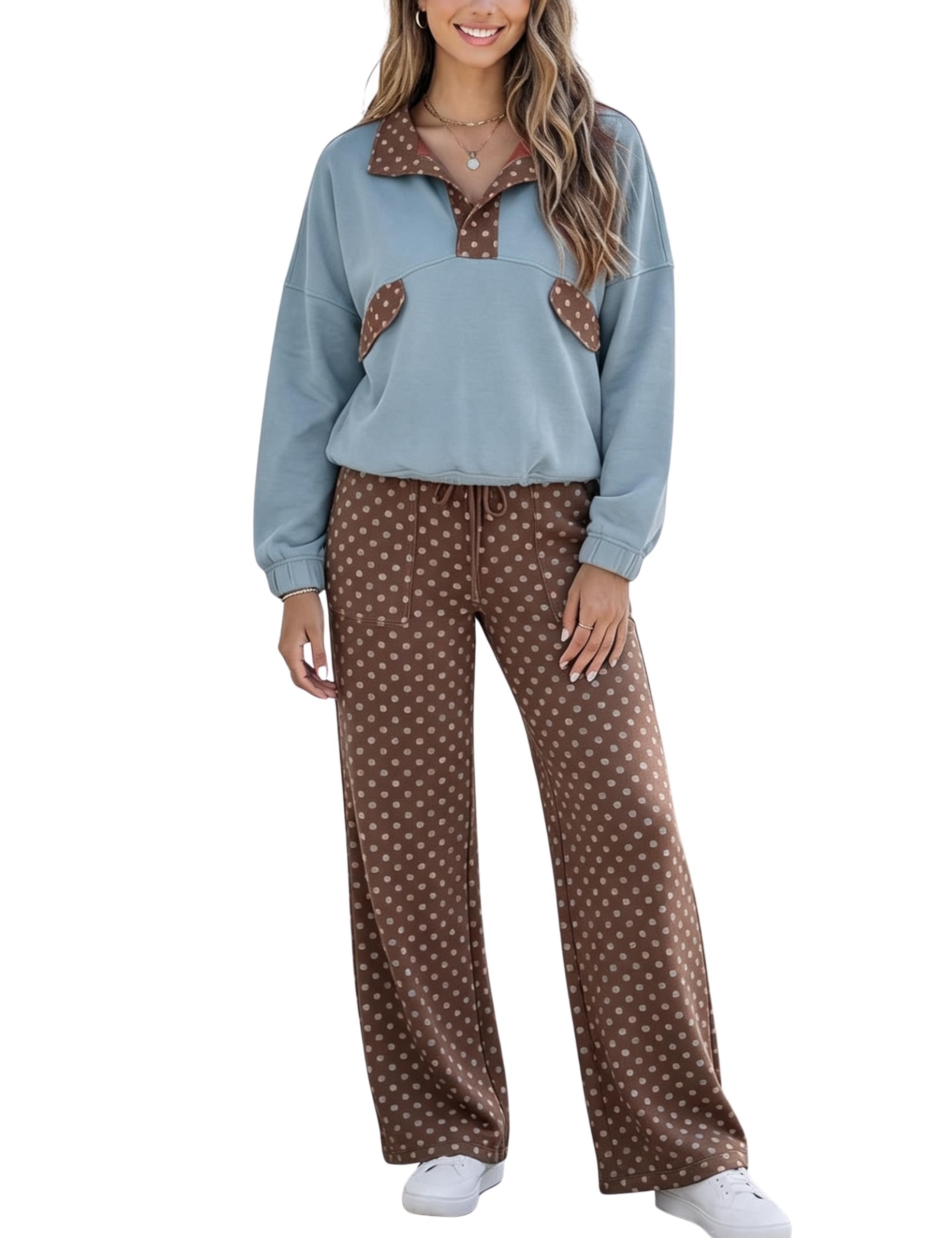 Brown dotted collar against the dusty blue top — Ailoqing Womens Polka Dot 2 Piece Color Block Tracksuit Set
