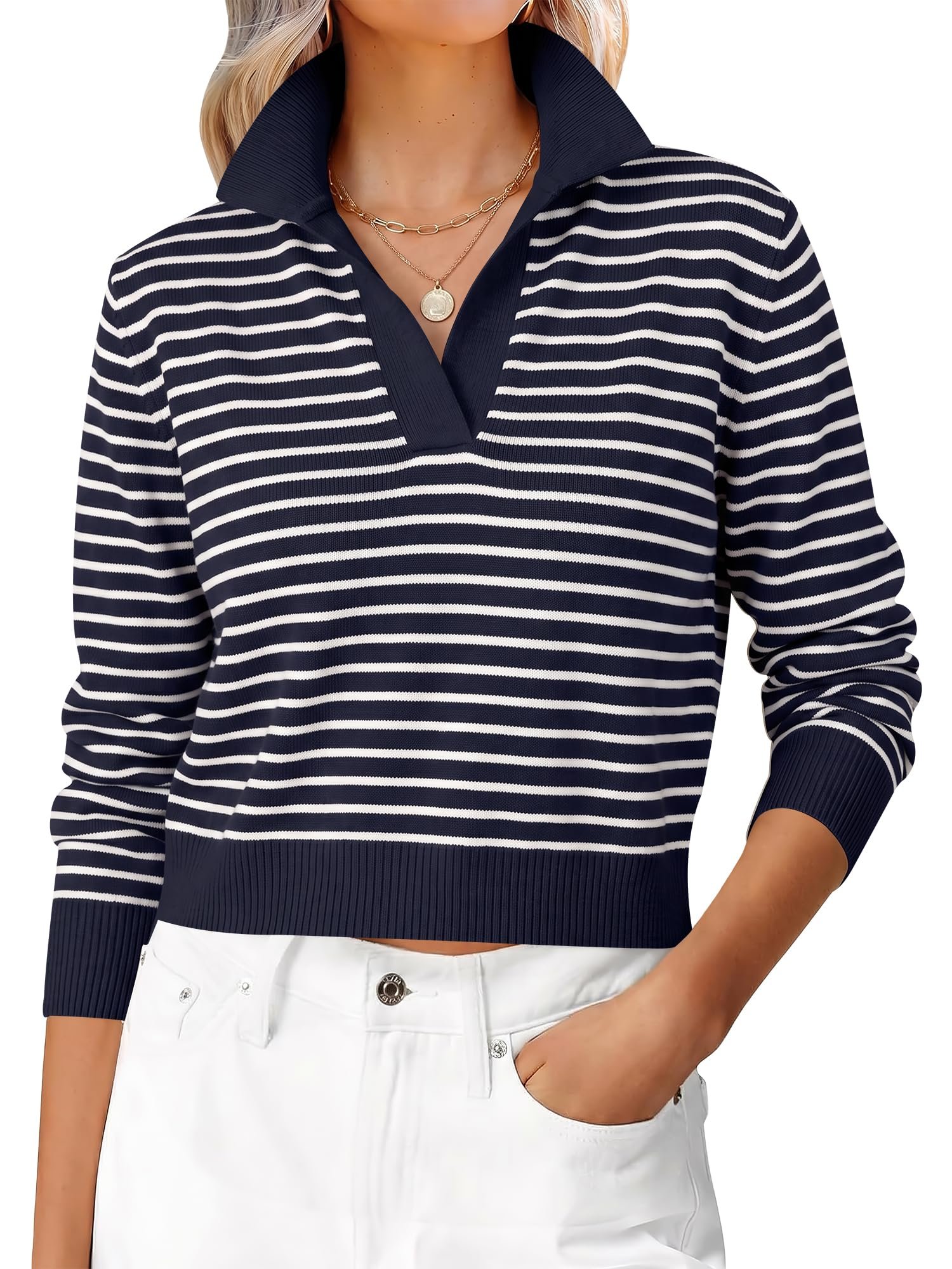 Navy stripes with the little polo collar peeking — Anrabess Sweaters for Women Cropped Polo Collared Long Sleeve