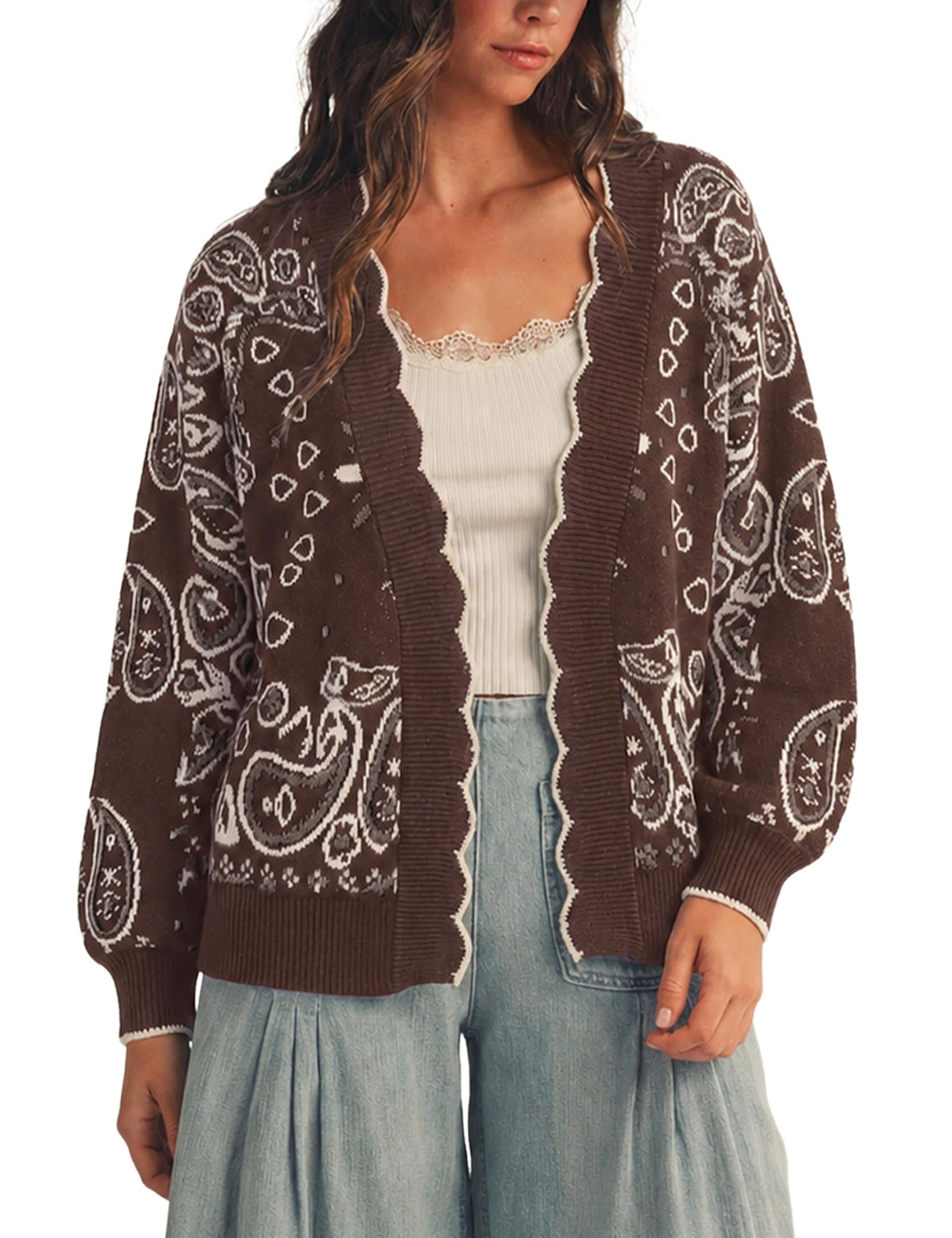 White paisley motifs shaped like teardrops on brown — Lentta Women's Paisley Cardigan Open Front Sweater Boho Scalloped Trim
