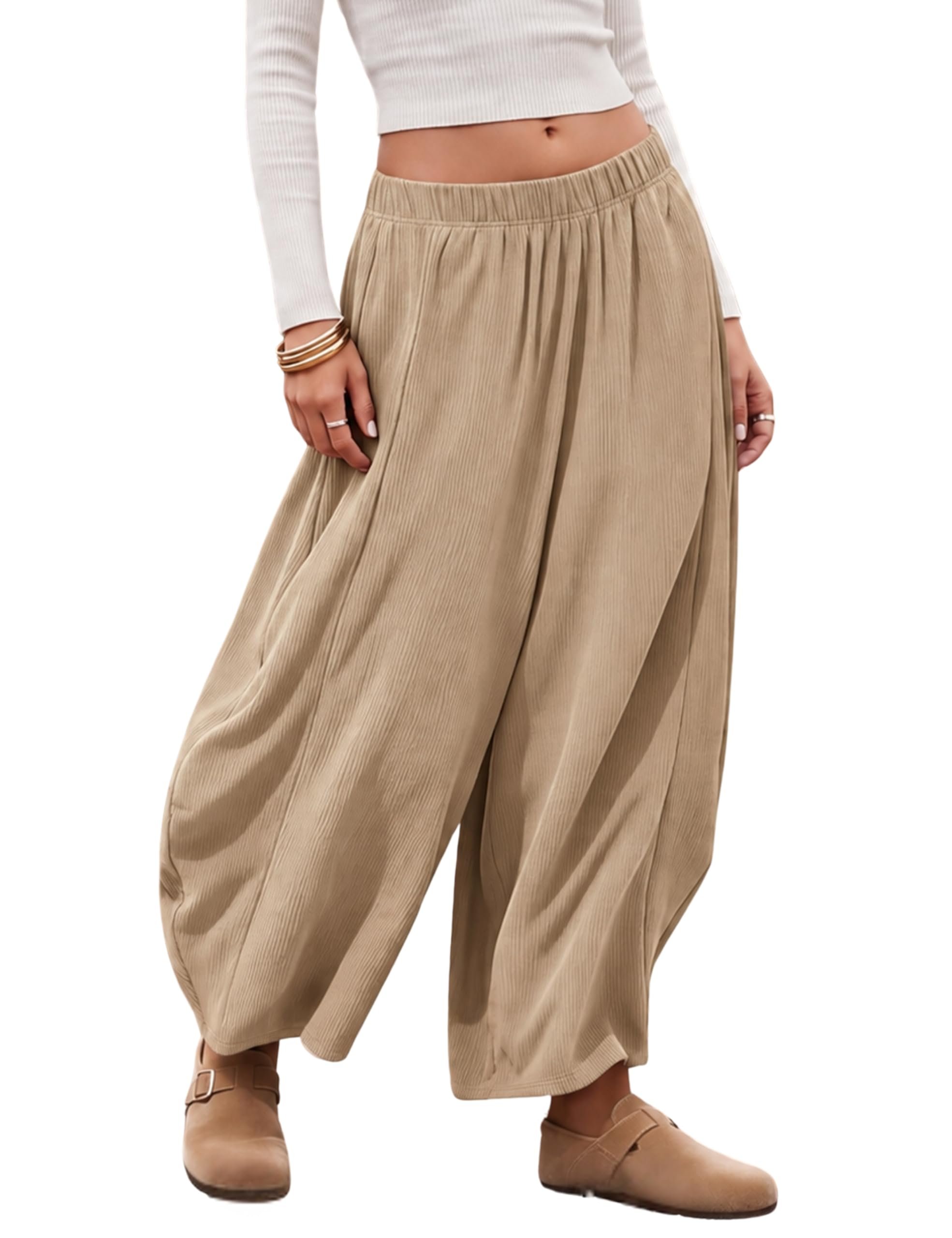 I wore Off-The-Shoulder Top; the day developed a personality — Puwei Women's Flowy Wide Leg Palazzo Pants Elastic Waist Cropped Trousers