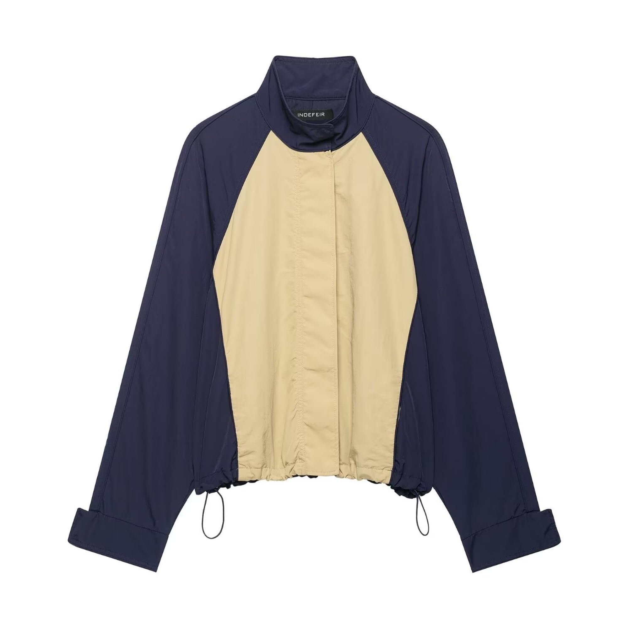 Patch pockets placed low on olive — Xunger Women's Technical Contrast Jacket High Collar Streetwear Zip Up Coat