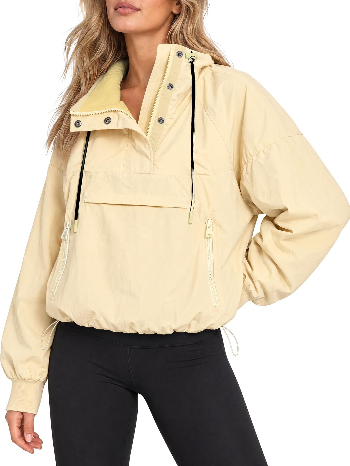 Snap buttons and half zip at the collar of the pullover — Aoysky Womens Fleece Jacket Half Zip Windbreaker Waterproof Pullover Anorak
