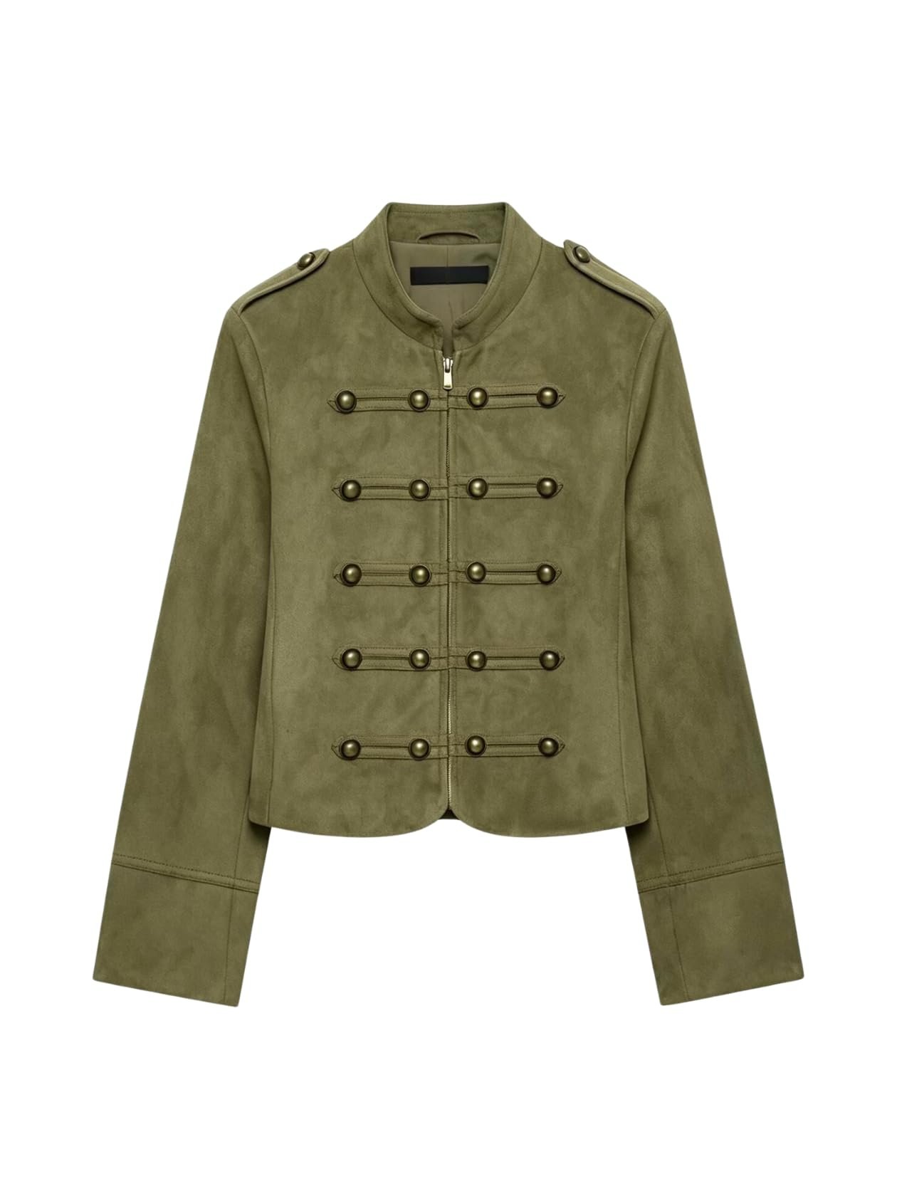 Silver zip cutting center through the cropped suede — Bellesumyee Womens Faux Suede Frog Fastening Jacket High Collar Outerwear