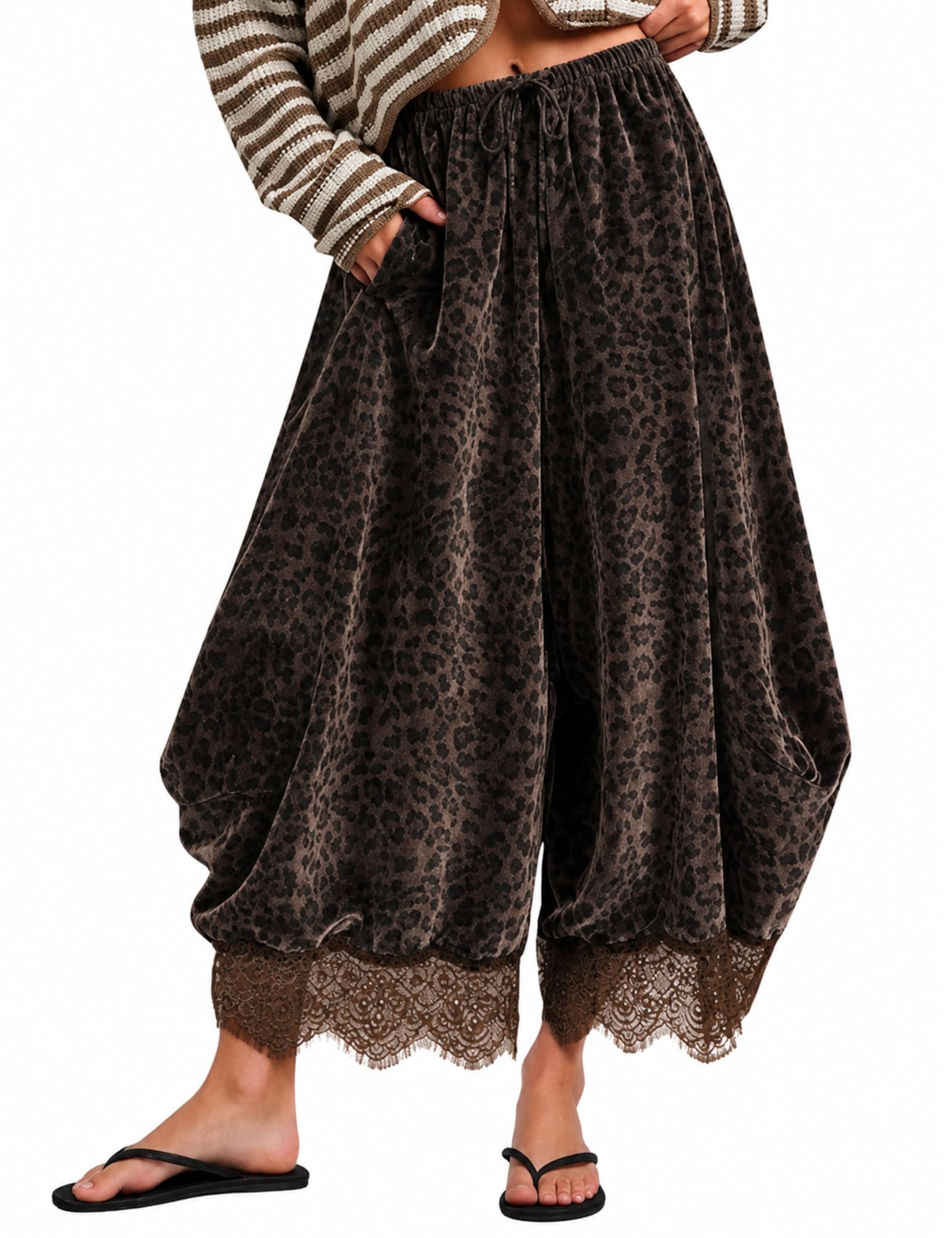 Red V-neck tee over brown leopard velvet pants — Athlisan Women's Velvet Leopard Print Wide Leg Pants Lace Trim Pants