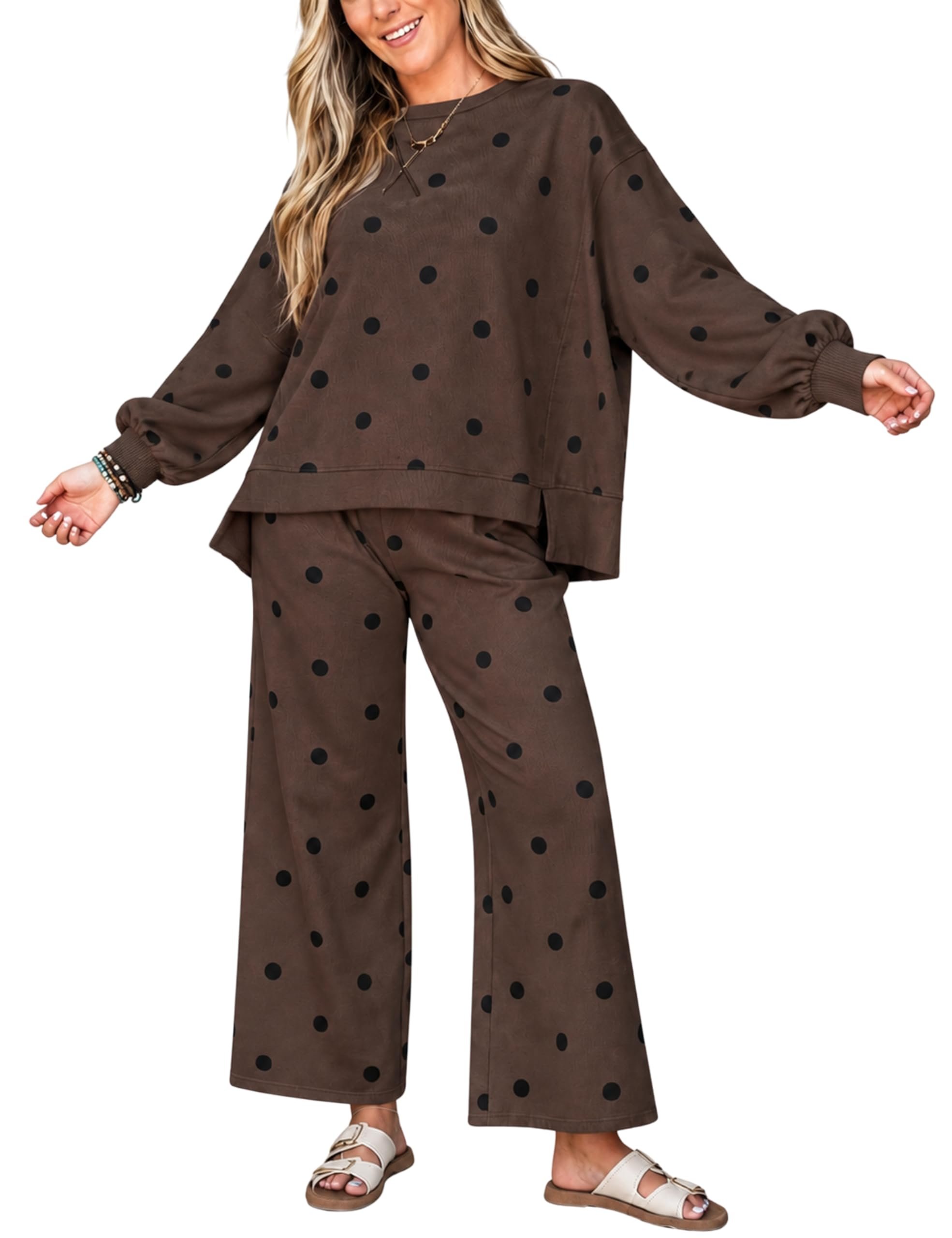 Black dots scattered across the brown set — Gozoloma Women's Polka Dot 2 Piece Loung Sleeves Pants Set