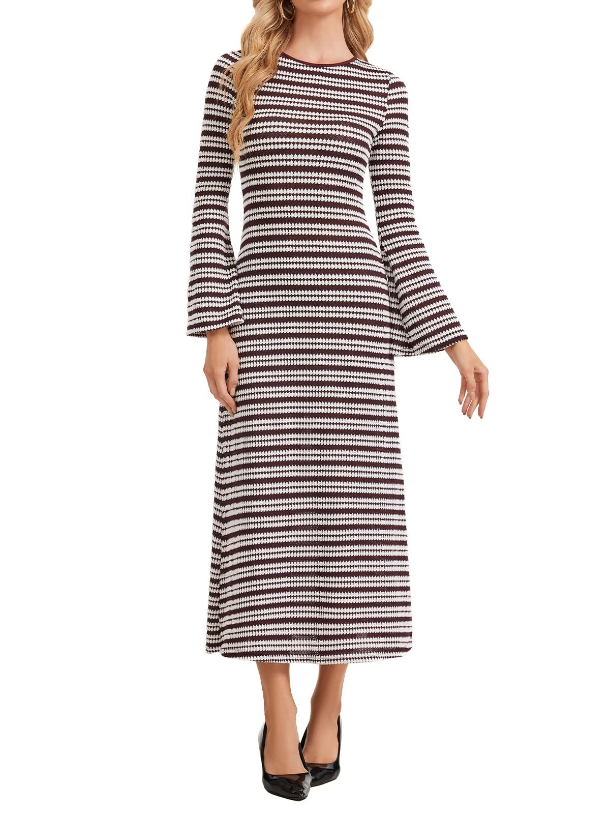 Brown and cream stripes dotted with tiny diamonds — Itnpbwus Women's Striped Midi Backless Dress Long-Sleeved Knit Bodycon Dresses