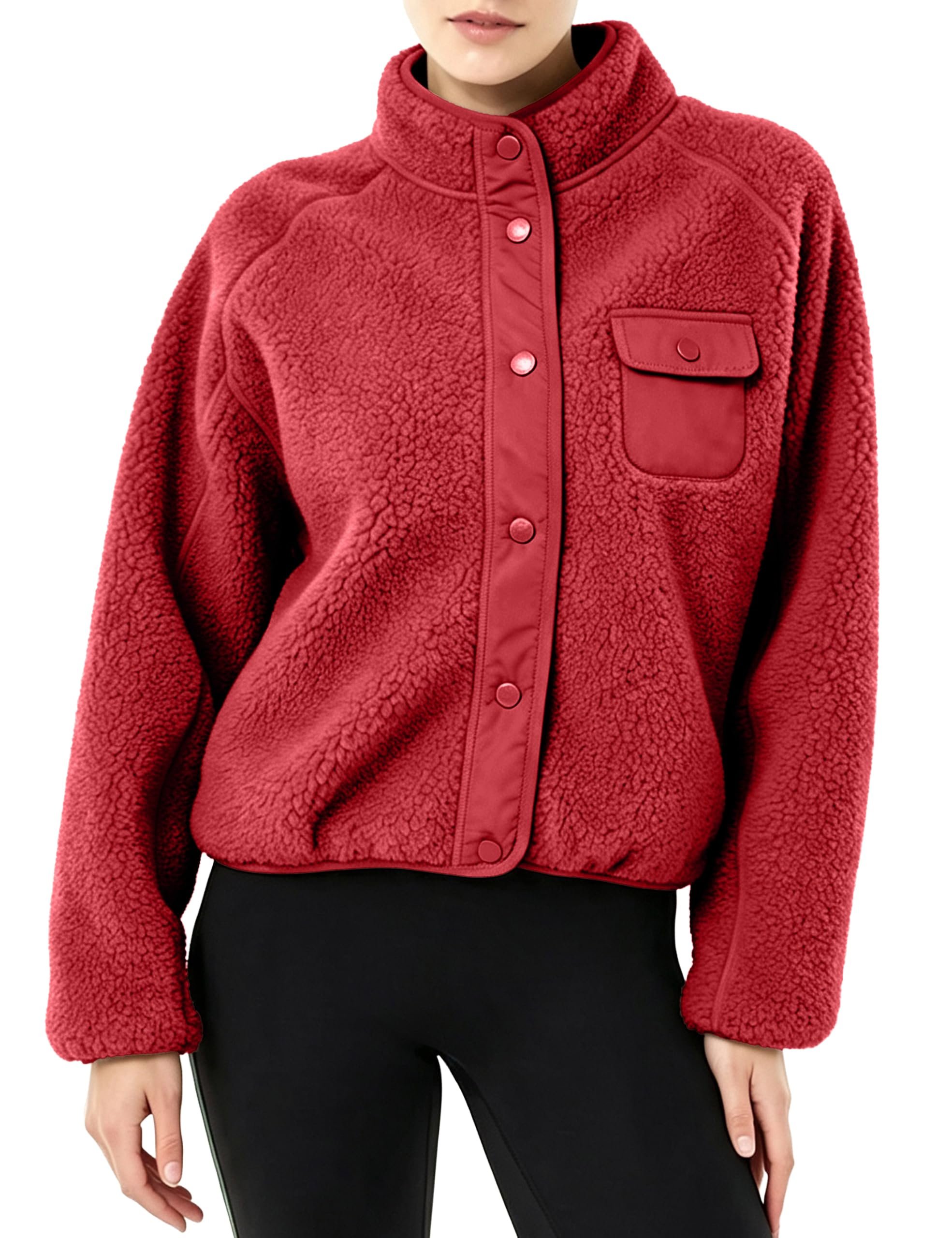 Sequin mini flashing floral clusters under studio light — Gtliae Womens Funnel Neck Sherpa Jackets Snap Button Cropped Fleece Coat
